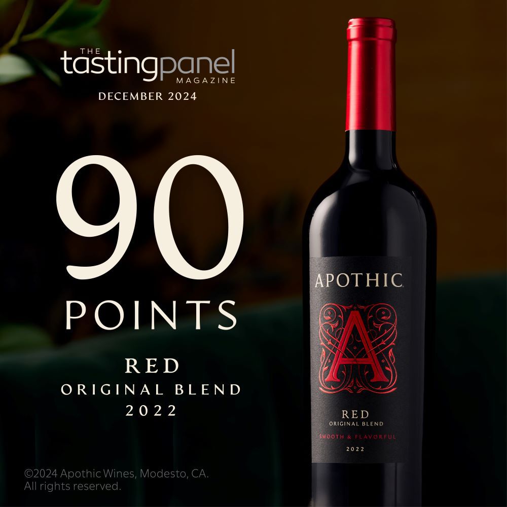 A promotional graphic for Apothic Red Original Blend 2022. On the left, large cream-colored text reads '90 POINTS' above the 'The Tasting Panel Magazine' logo and 'December 2024'. On the right, a bottle of Apothic Red is showcased against a dark, moody background with subtle green foliage. The vintage '2022' and 'Red Original Blend' are noted at the bottom left.