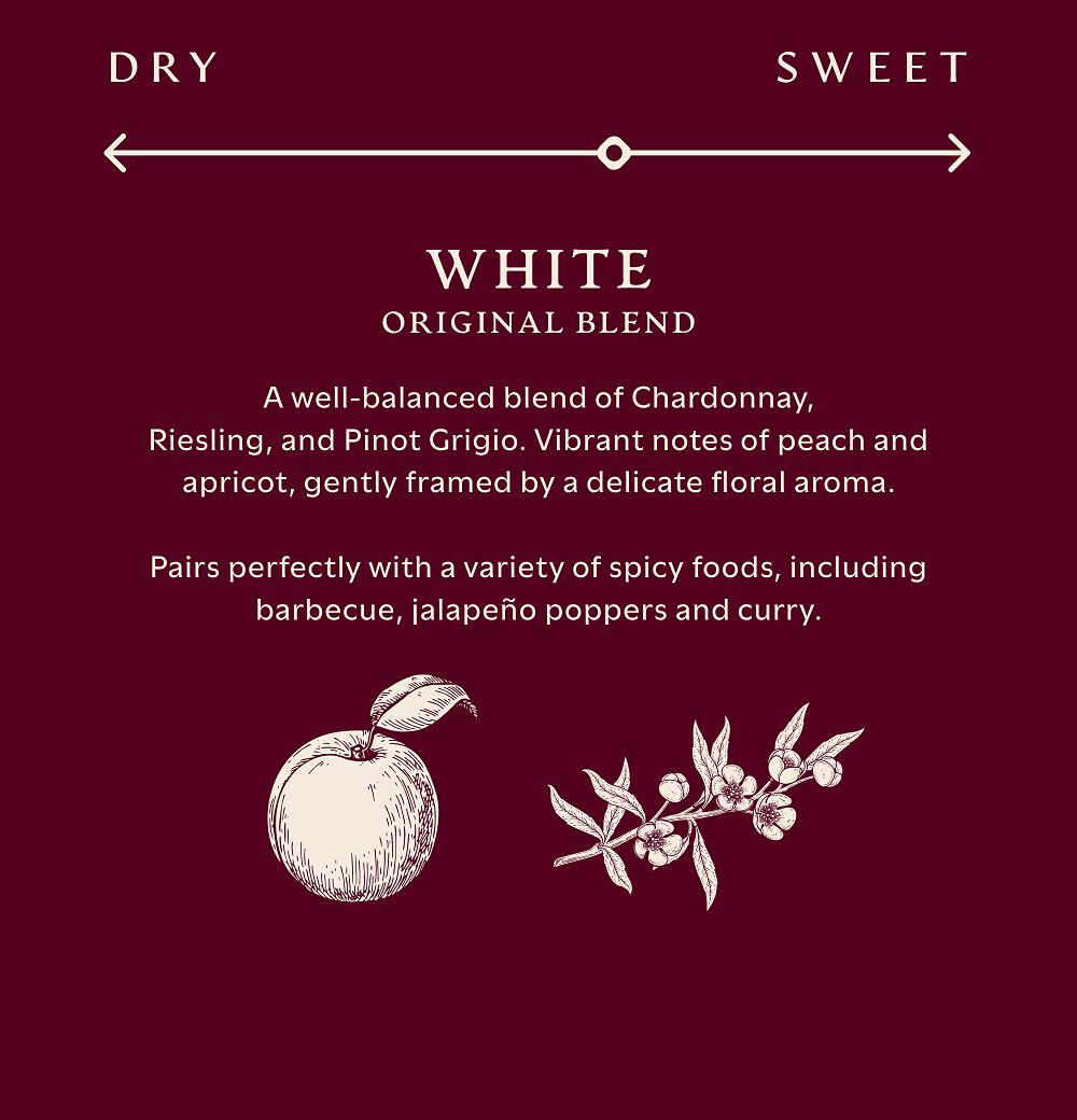 A flavor profile infographic for Apothic White Original Blend on a burgundy background. A scale at the top indicates a 'Medium' taste, positioned in the center. Text describes the wine as a well-balanced blend of Chardonnay, Riesling, and Pinot Grigio with vibrant notes of peach and apricot framed by a delicate floral aroma. Food pairings suggest spicy foods including barbecue, jalape&ntilde;o poppers, and curry. Line illustrations of a peach and jasmine flowers are on the left and right.